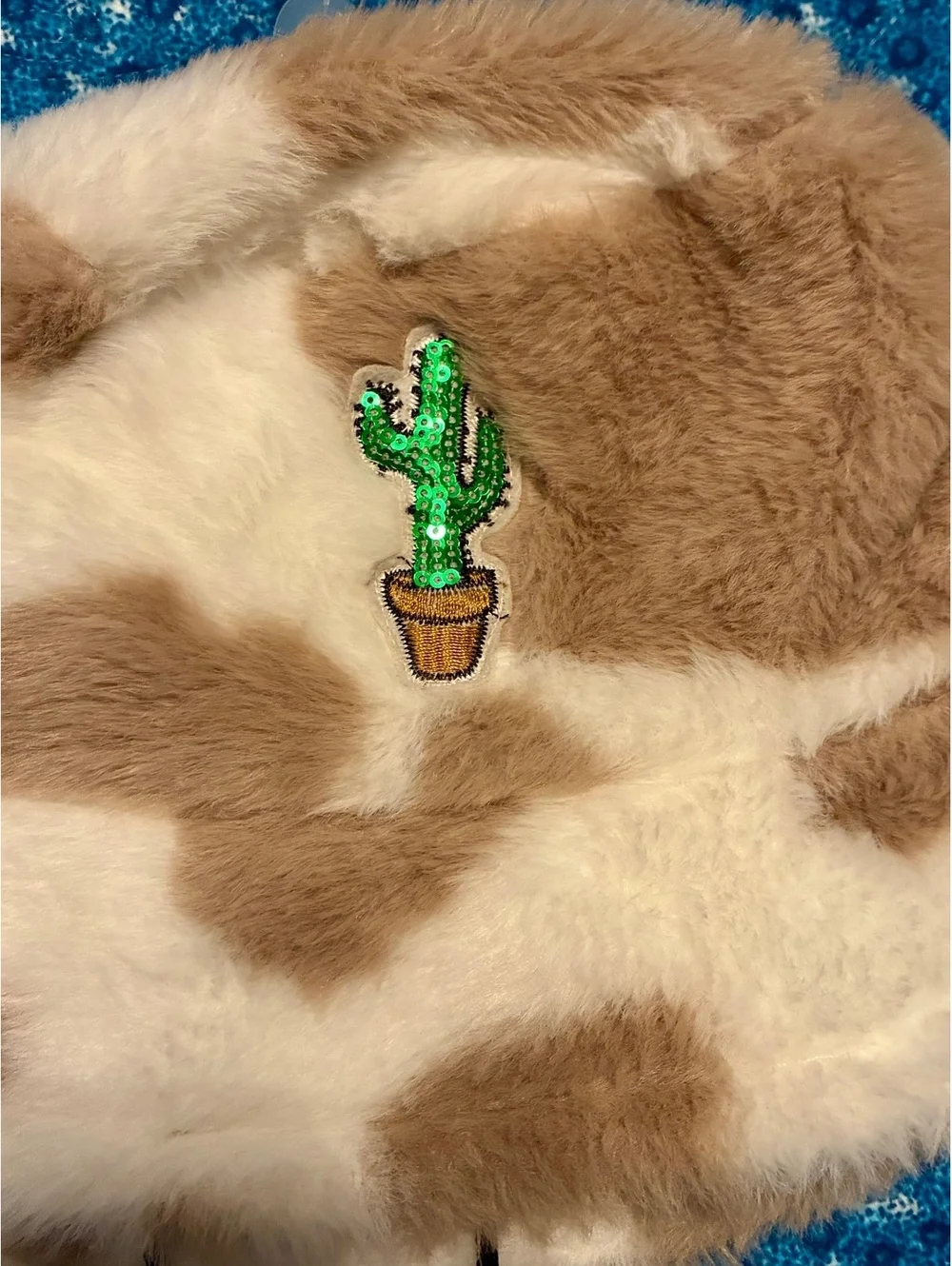 Faux Fur Brown and White Cow Print Bucket Hat with Sequin Cactus Patch